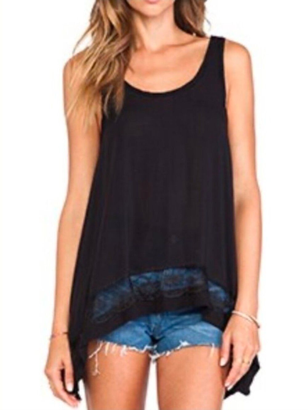 Free People Black Anthropologie Rayon Lace Black Handkerchief Hem Tank Top